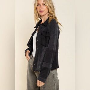 POL Black Button Down Shirt Snap Button Front Pocket Jacket